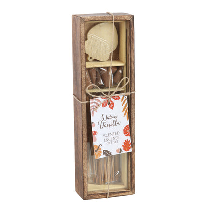 Scented incense set with a wooden box, including an incense stick holder and label.