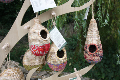 Woven birdhouses hanging from a branch with greenery in the background