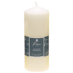 White candle with a label on a white background