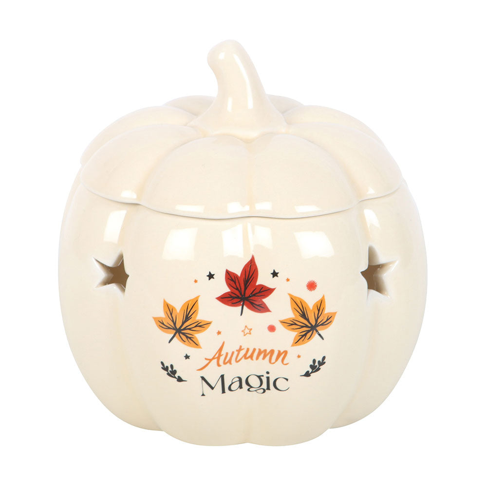 Ceramic pumpkin-shaped lantern with 'Autumn Magic' text and leaf designs on a white background