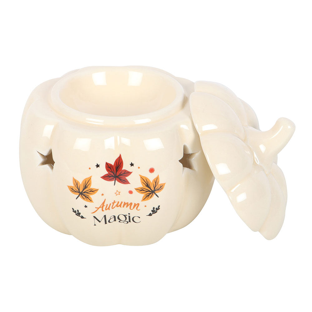 Ceramic lantern with 'Autumn Magic' text and leaf designs on a white background
