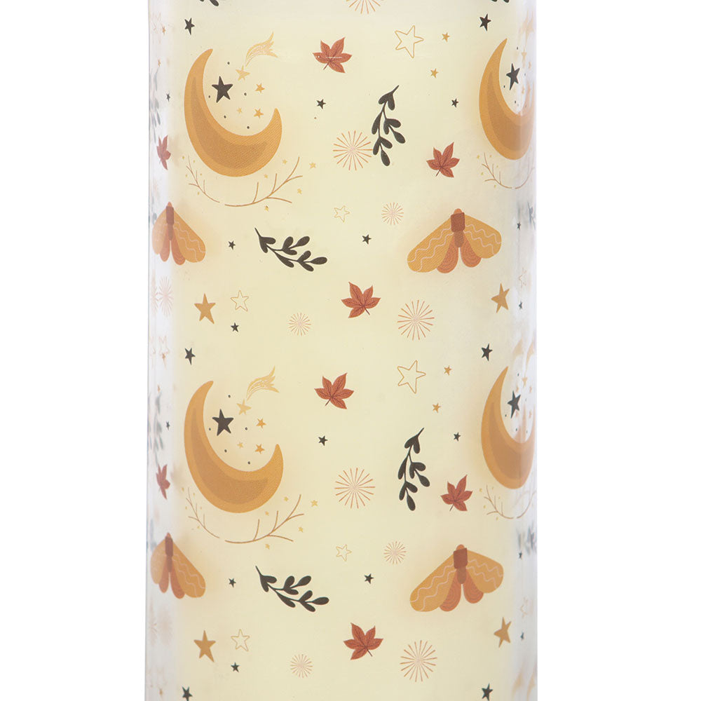 Cylindrical container with moon, star, and leaf pattern on a beige background