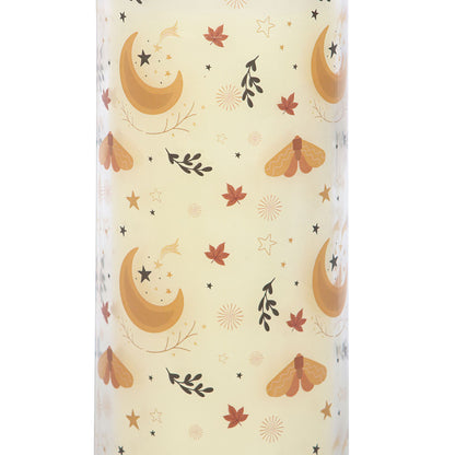 Cylindrical container with moon, star, and leaf pattern on a beige background
