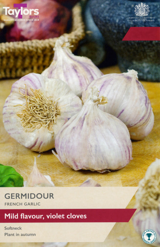 Garlic bulbs on a wooden surface with 'Taylors' branding and product details.