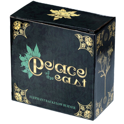 Black box with gold and green decorative elements and 'Peace of the East' branding.