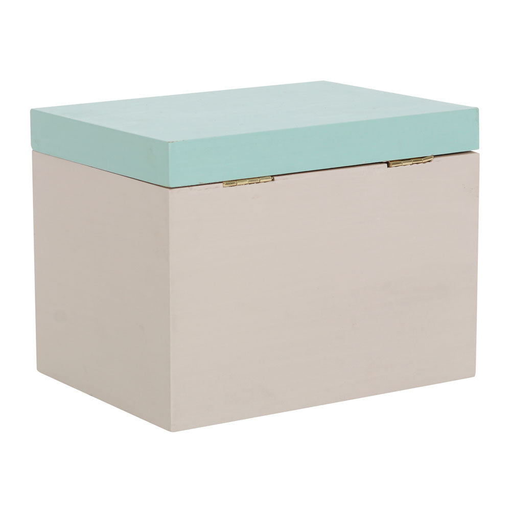 Rectangular storage box with a light blue lid and beige body on a white background