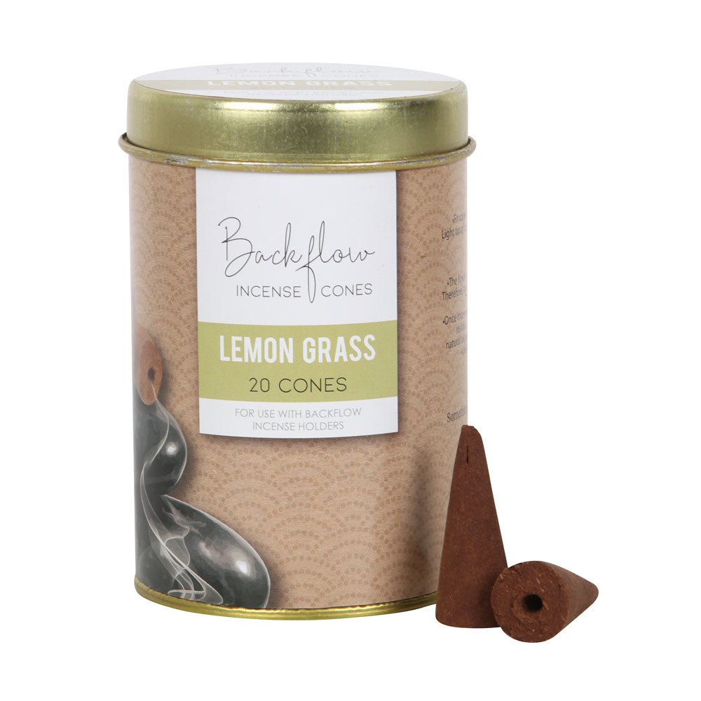 Backflow Incense Cones tin labeled 'Lemon Grass' with two cones on a white background