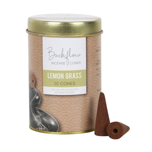 Backflow Incense Cones tin labeled 'Lemon Grass' with two cones on a white background