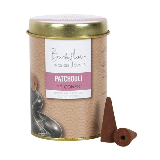 Backflow Patchouli incense cones in a cylindrical container with a gold lid.