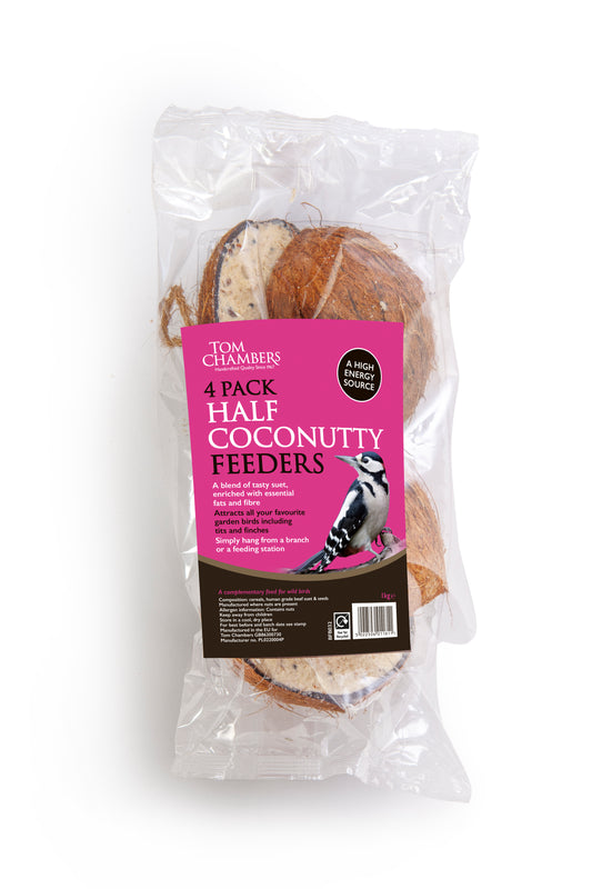 Pack of Tom Chambers half coconut feeders with a bird illustration on a white background