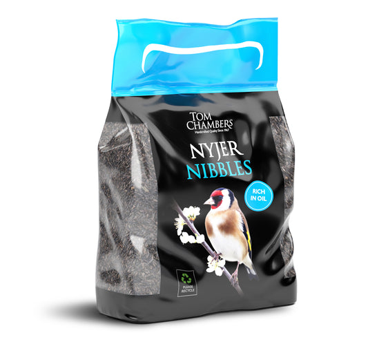 Bag of Tom Chambers Nyjer Nibbles bird food with a blue top on a white background