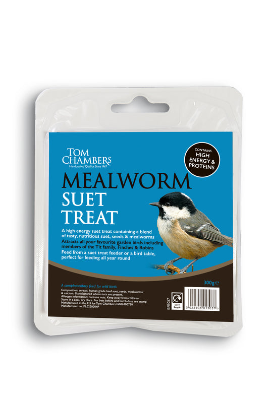 Tom Chambers Mealworm Suet Treat packaging with a bird on the label