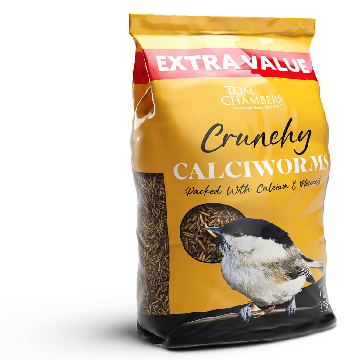 Bag of Tom Chambers Crunchy Calciworms bird food with a bird illustration on a white background