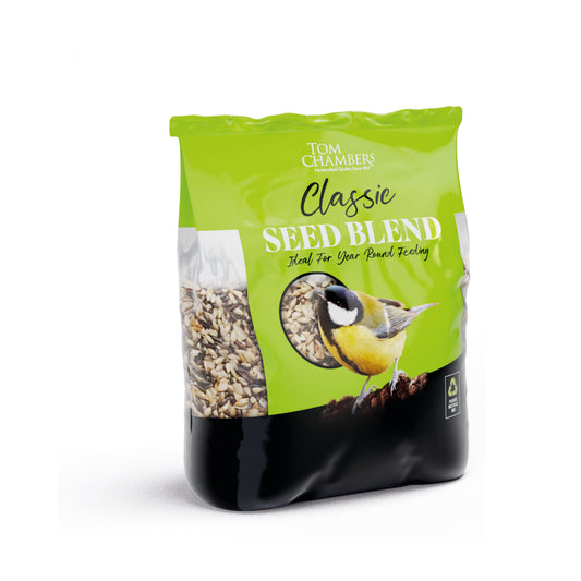 Bag of Tom Chambers Classic Seed Blend with a bird on the label against a white background