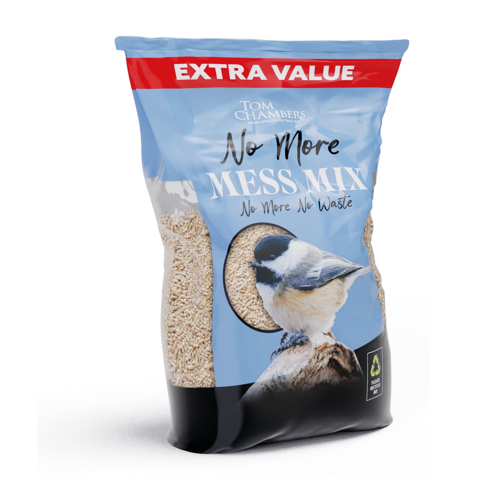Bag of Tom Chambers No More Mess Mix bird seed with a bird on the label.