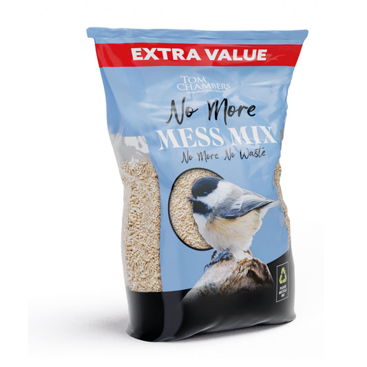 Bag of Tom Chambers No More Mess Mix bird seed with a bird on the label.