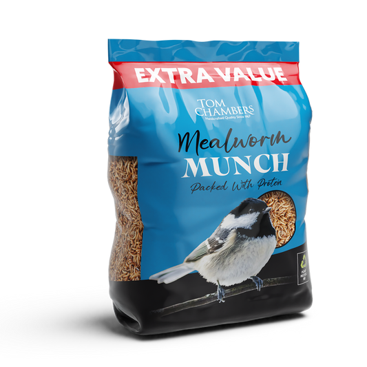 Bag of Tom Chambers Mealworm Munch bird food with a bird illustration on a white background