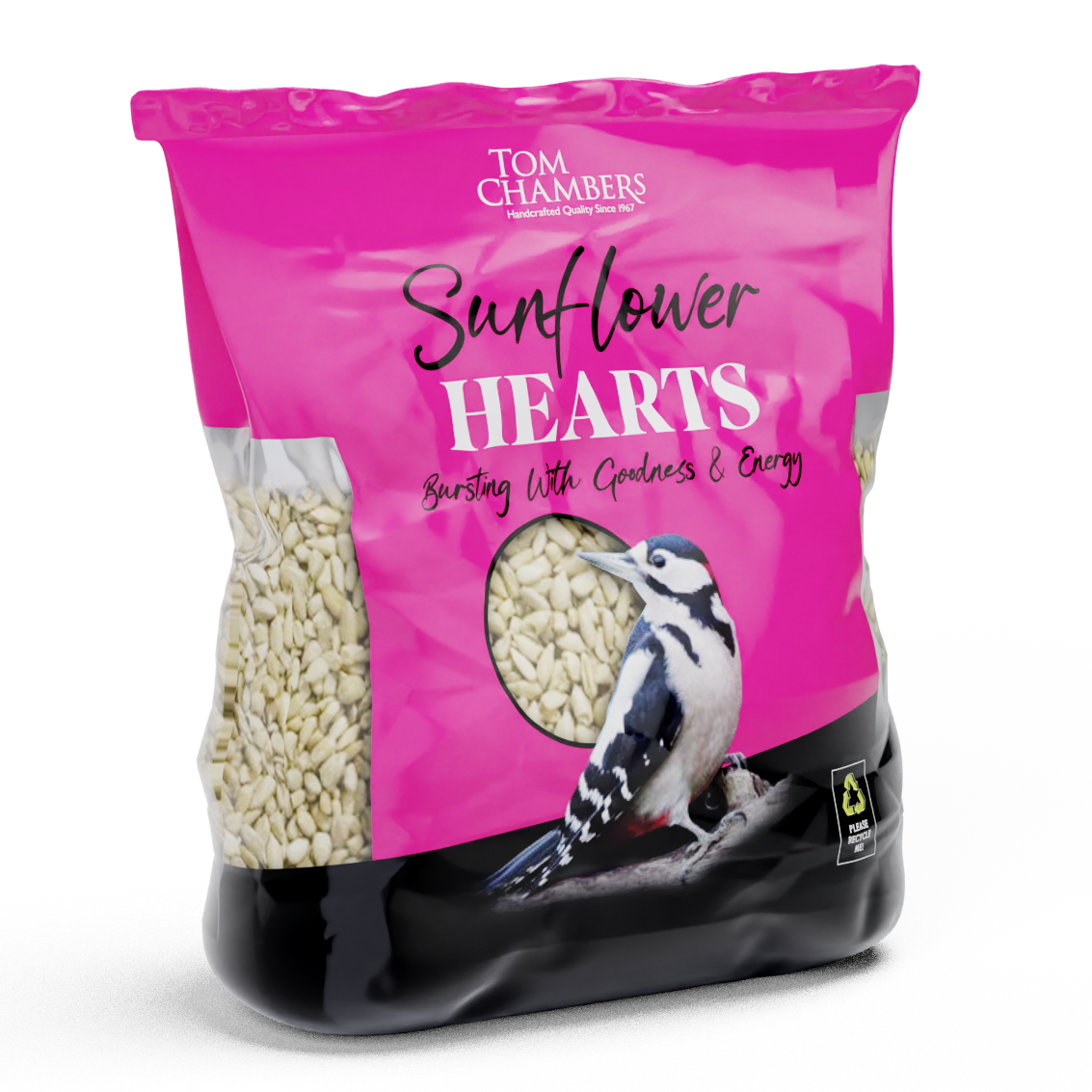 Bag of Tom Chambers Sunflower Hearts bird seed with a pink label and a picture of a bird on a white background.
