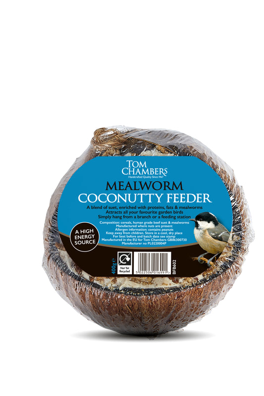 Coconutty feeder for birds with Tom Chambers label on a white background