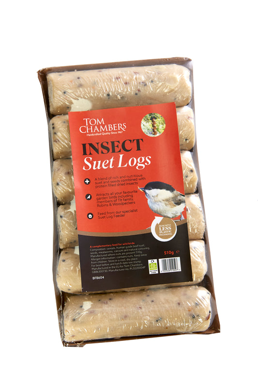 Pack of Tom Chambers Insect Suet Logs with a red label on a white background