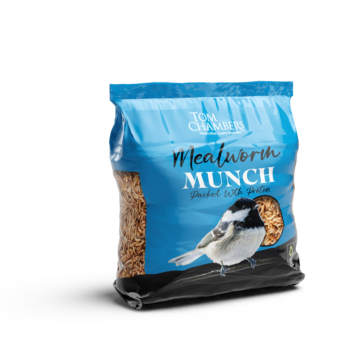 Bag of Tom Chambers Mealworm Munch bird food with a bird on the label.