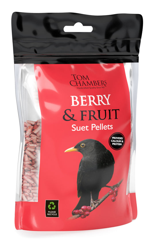 Packaging of Tom Chambers Berry & Fruit Suet Pellets with a bird illustration on a red background.