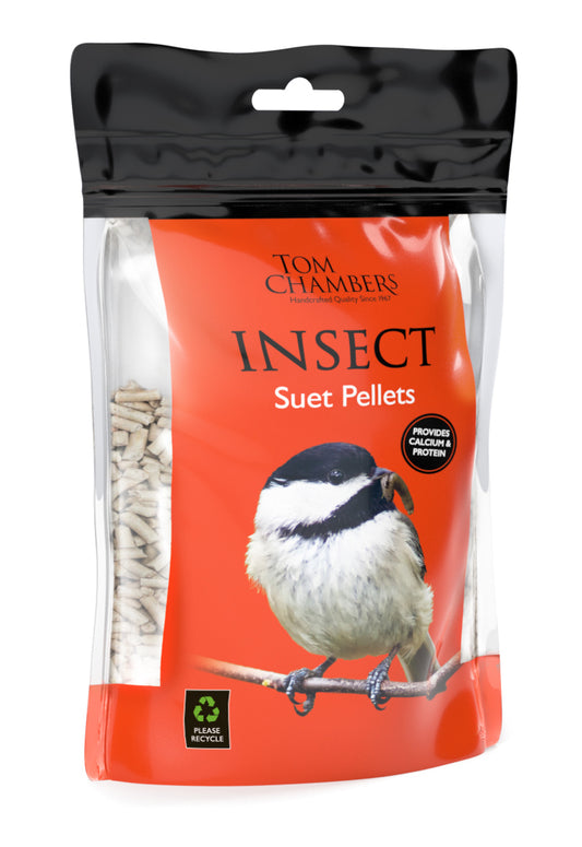 Packaging of Tom Chambers Insect Suet Pellets with a bird illustration on an orange background