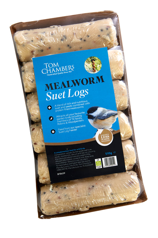 Pack of Tom Chambers Mealworm Suet Logs with a blue label on a white background