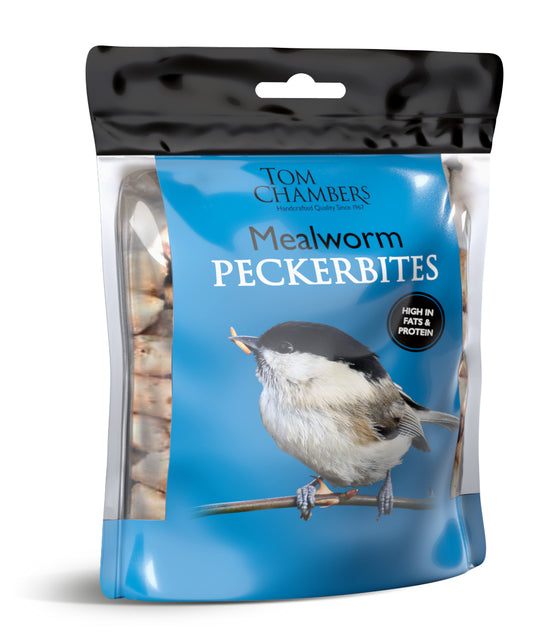 Package of Tom Chambers Mealworm Peckerbites with a bird on a branch on a blue background