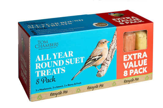 Box of Tom Chambers All Year Round Suet Treats with a bird illustration on a white background