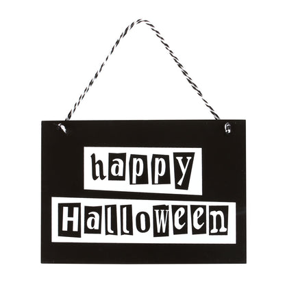 Black sign with 'happy Halloween' text on a white background