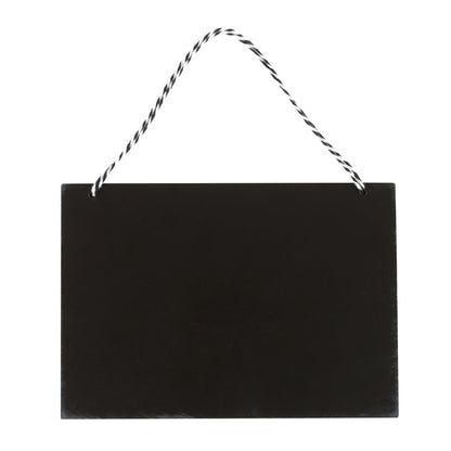 Black rectangular sign with a string for hanging on a white background