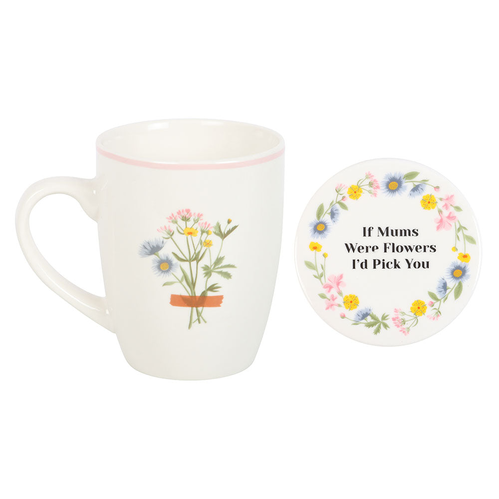 Mug with floral design and matching coaster on a white background