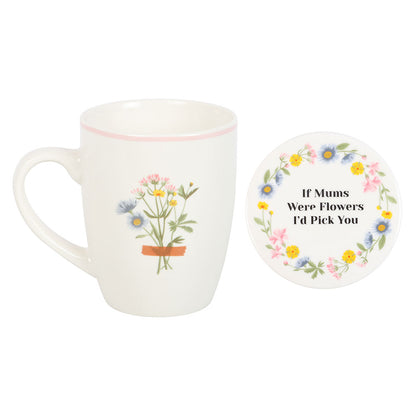 Mug with floral design and matching coaster on a white background