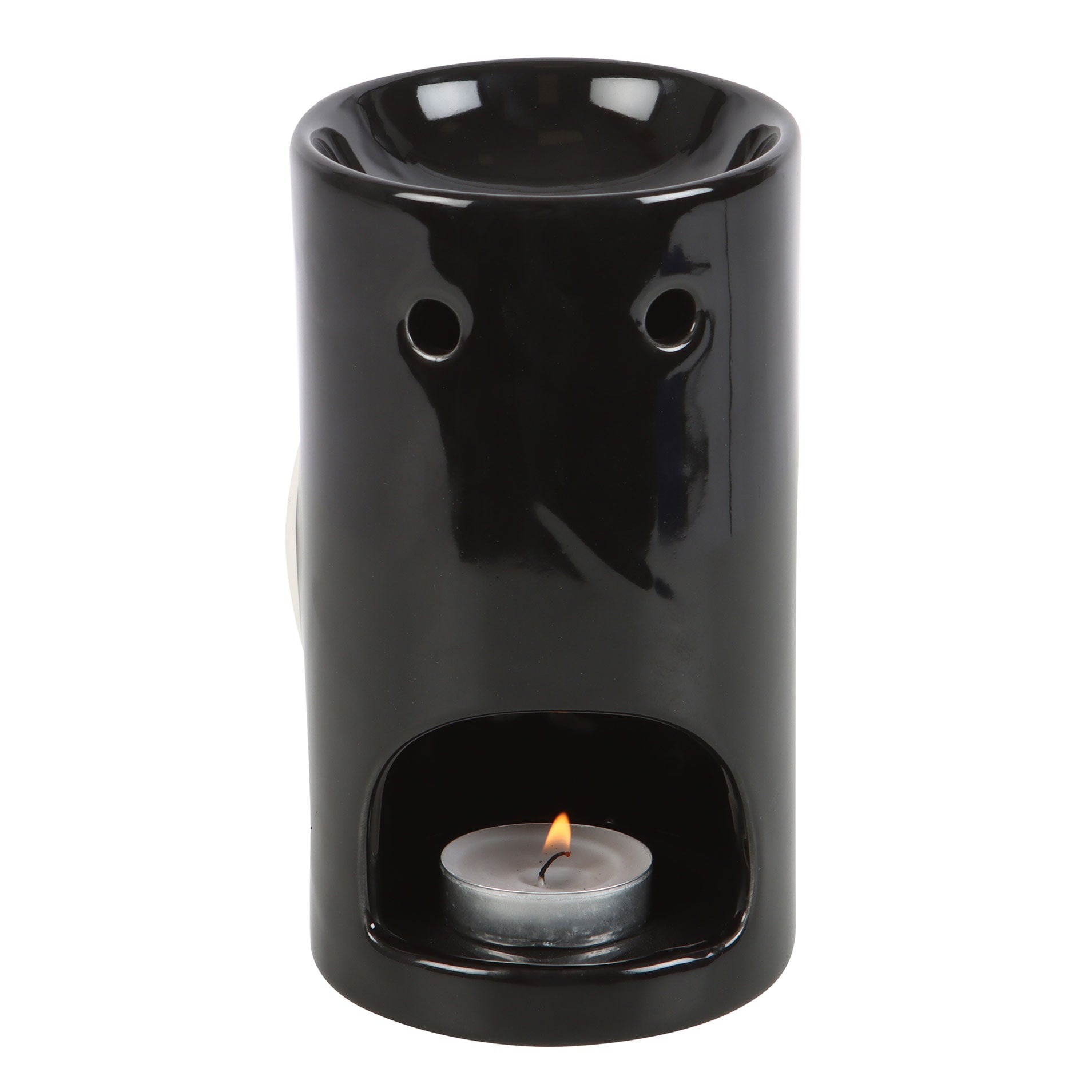 Black ceramic oil burner with a lit tealight candle on a white background
