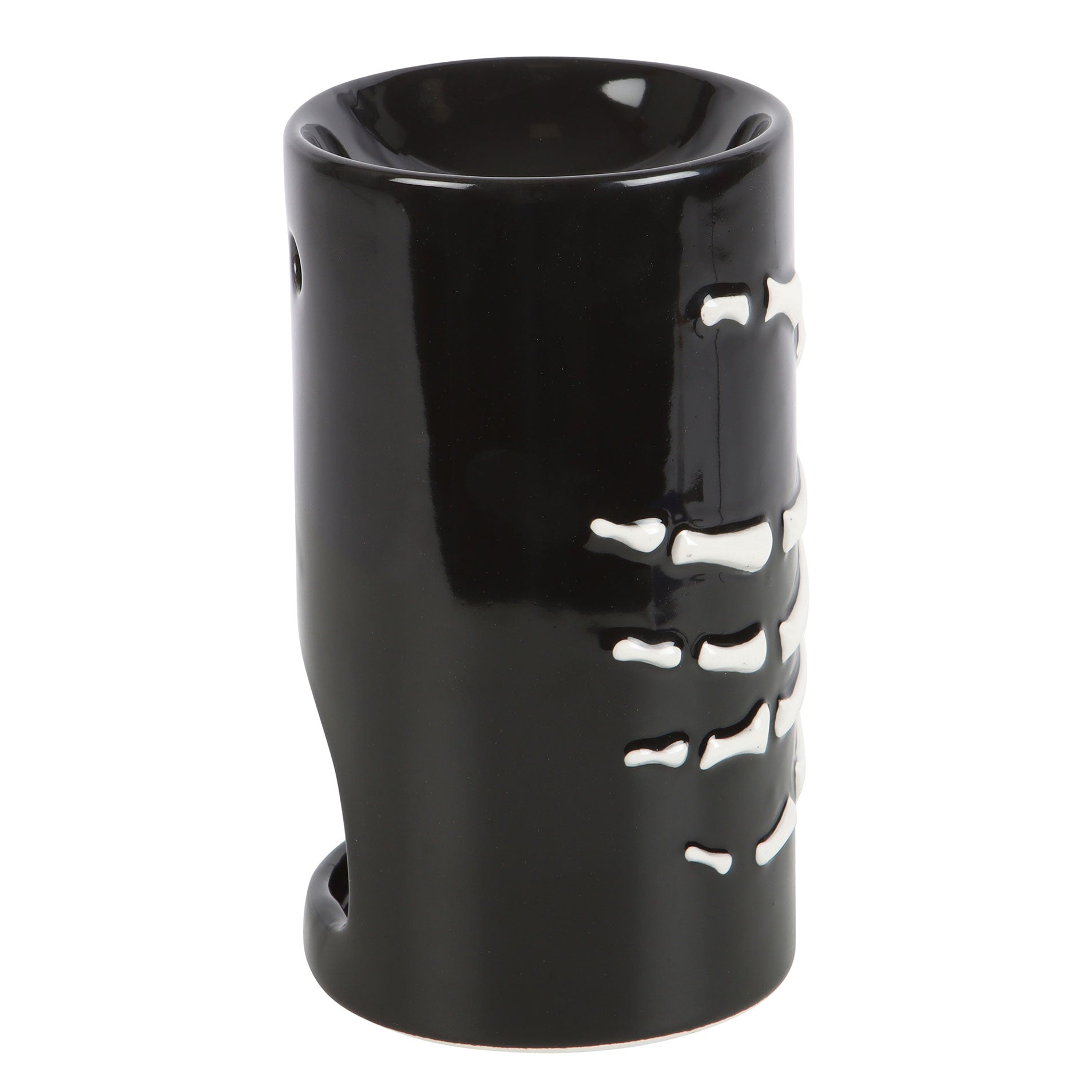 Black ceramic oil burner with bone design on a white background