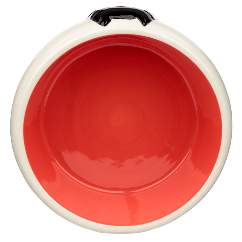 Red bowl with a white rim on a white background