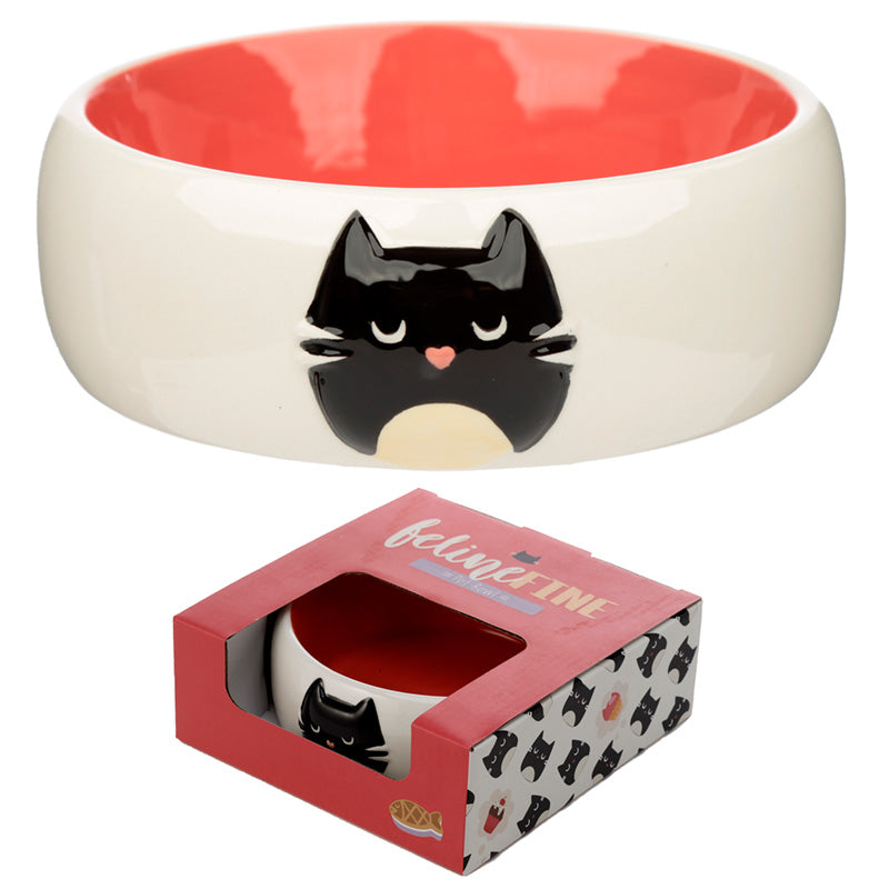 Cat-shaped bowl with red interior and white exterior, displayed with packaging.