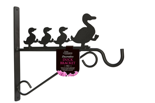 Decorative metal bracket with duck design on a white background