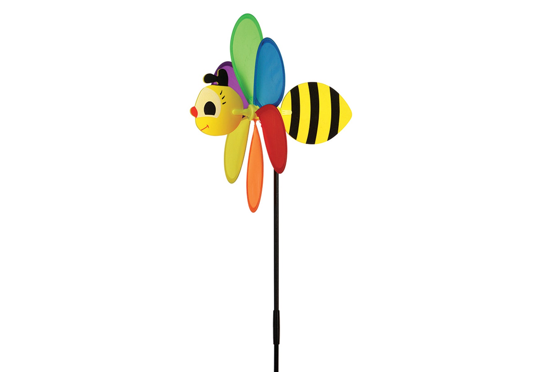 Colorful bee-shaped wind spinner on a white background