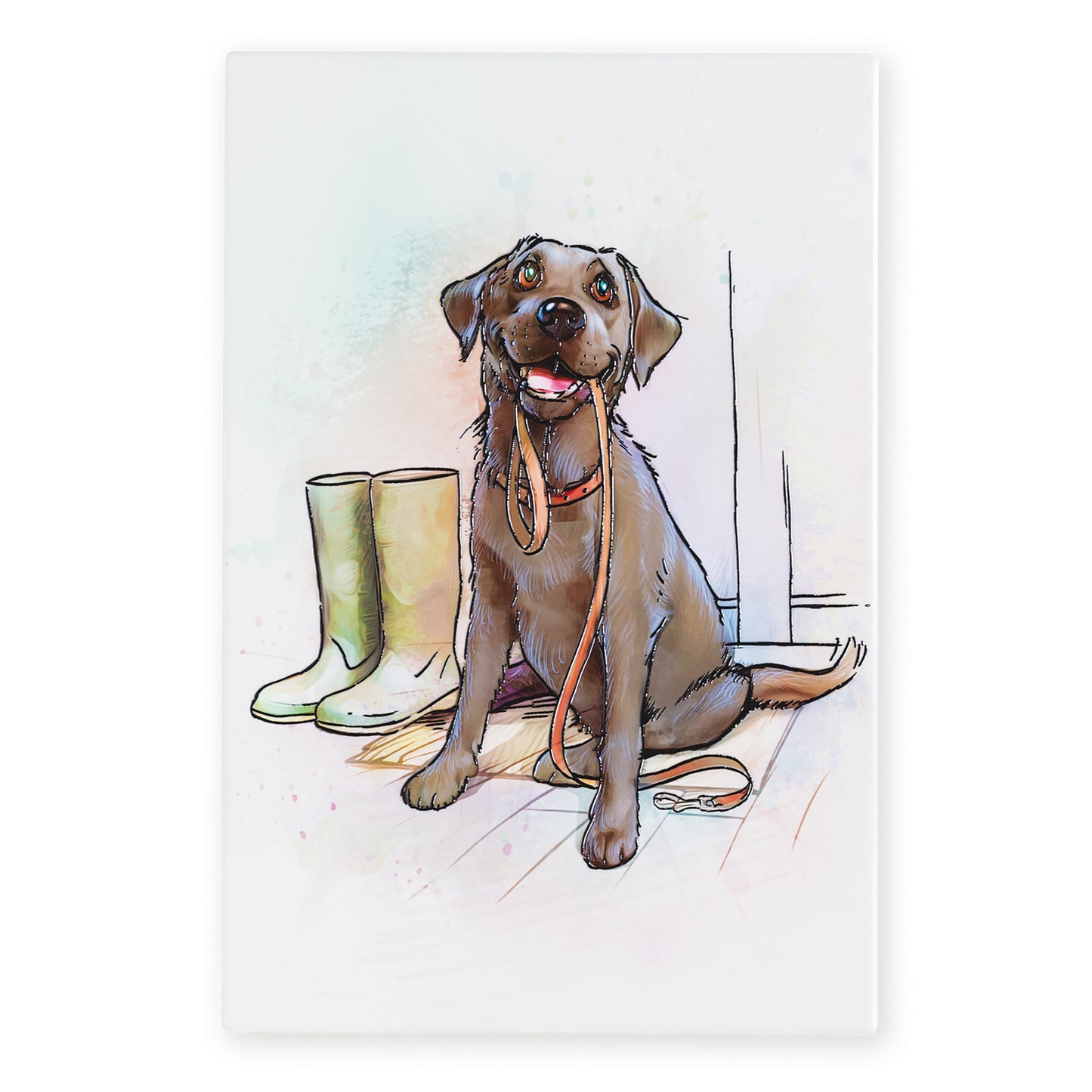 Illustration of a dog sitting on a floor with green boots and a leash nearby