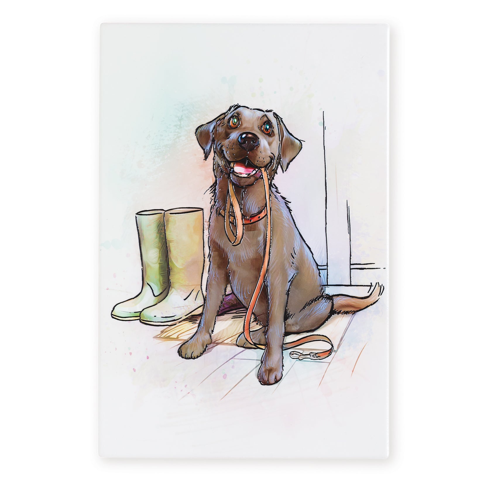 Illustration of a dog sitting on a floor with green boots and a leash nearby