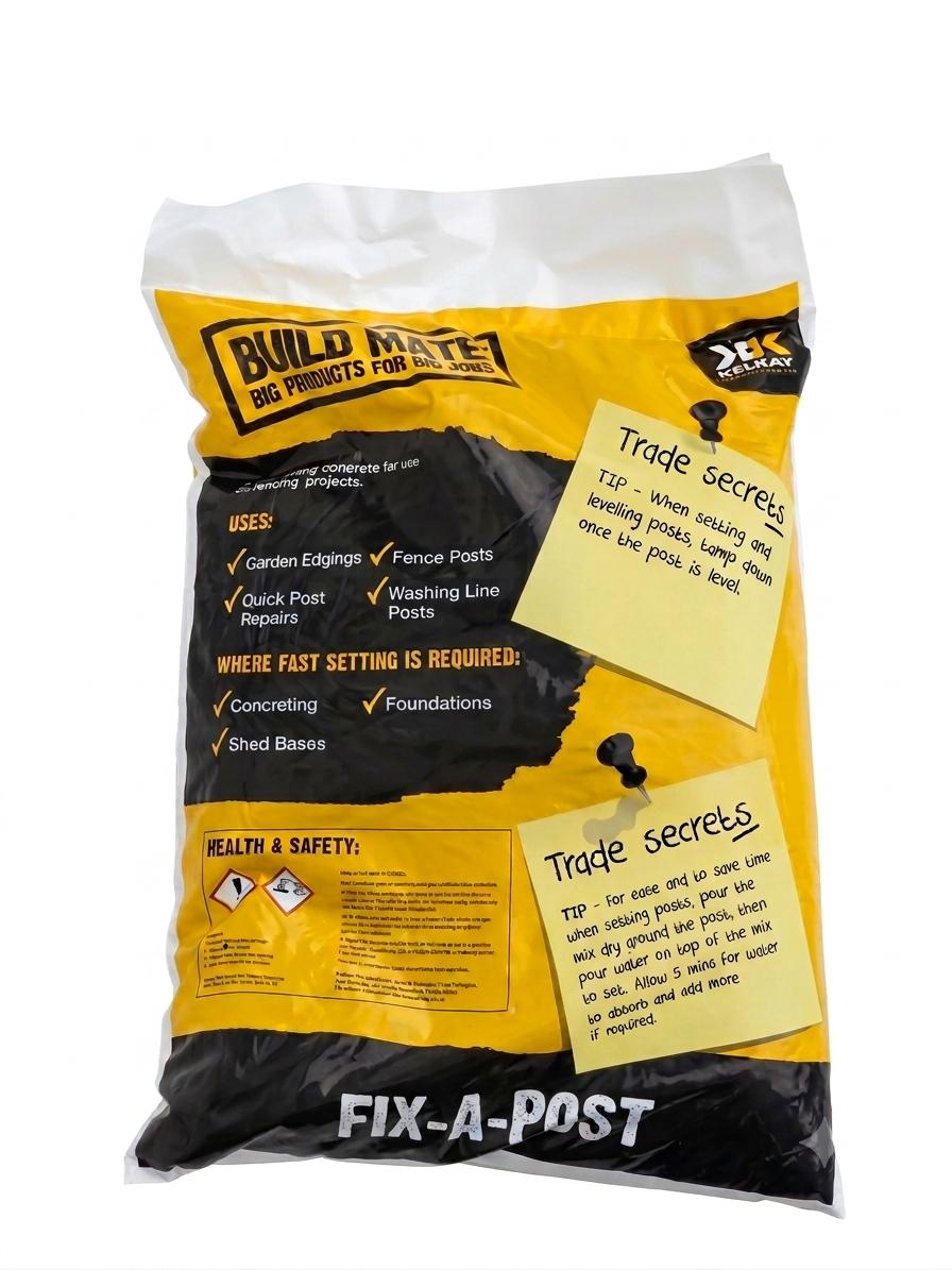 Bag of Build Mate Fix-A-Post product with yellow and black design on a white background