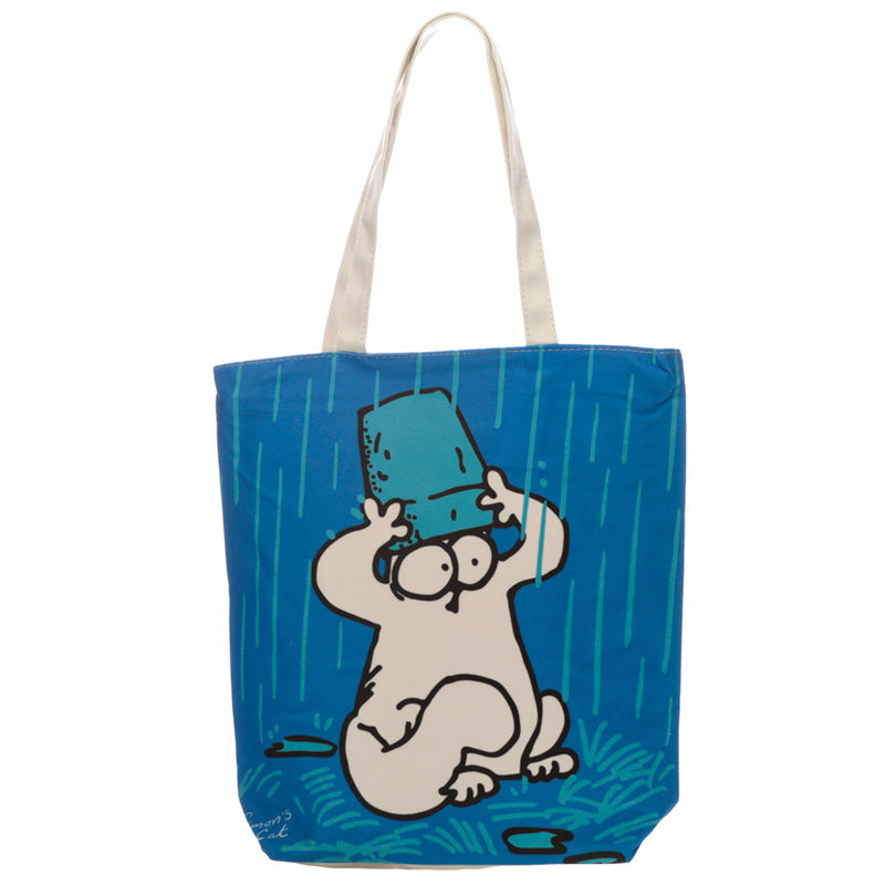 Tote bag with cartoon character design on a blue background
