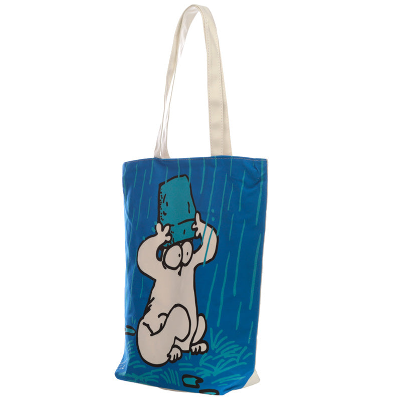 Tote bag with cartoon character design on a blue background