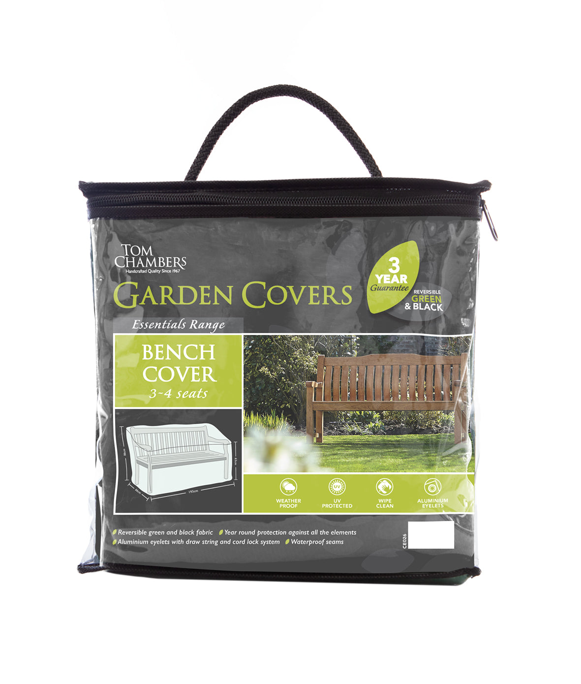 Tom Chambers garden bench cover packaging on a white background
