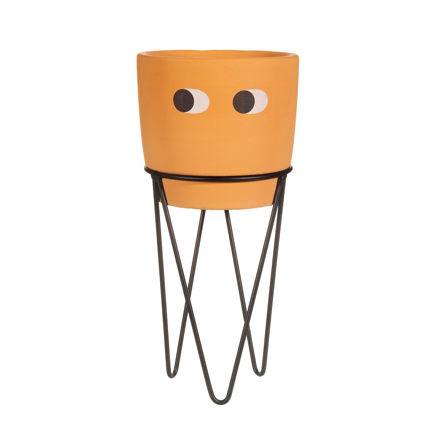 Orange planter with eyes, on a black wire stand, on a white background