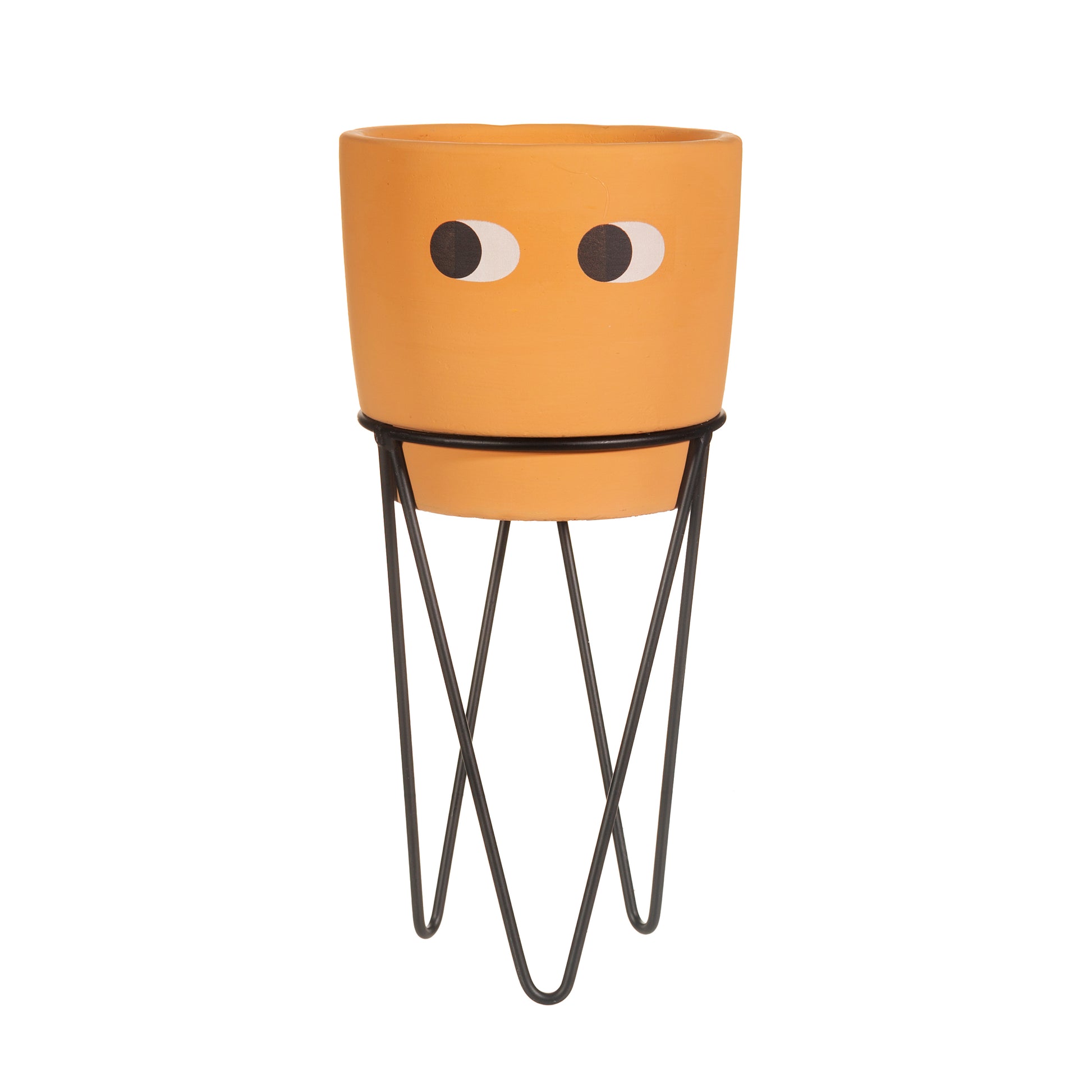 Orange planter with eyes, on a black wire stand, on a white background