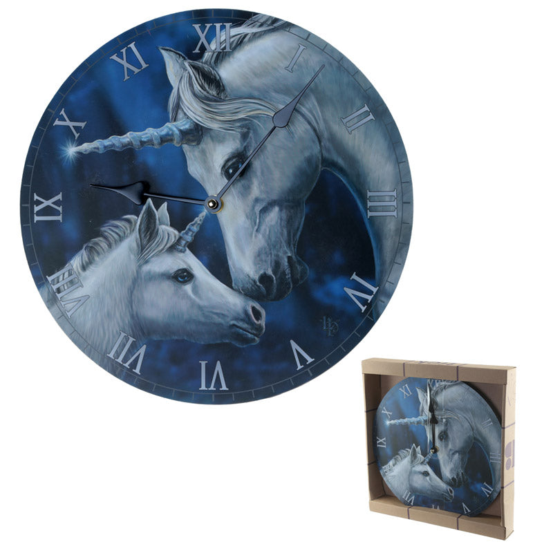 Decorative wall clock with unicorn design and packaging on a white background
