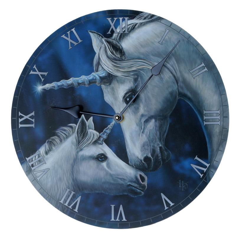 Decorative clock with unicorn design on a blue background